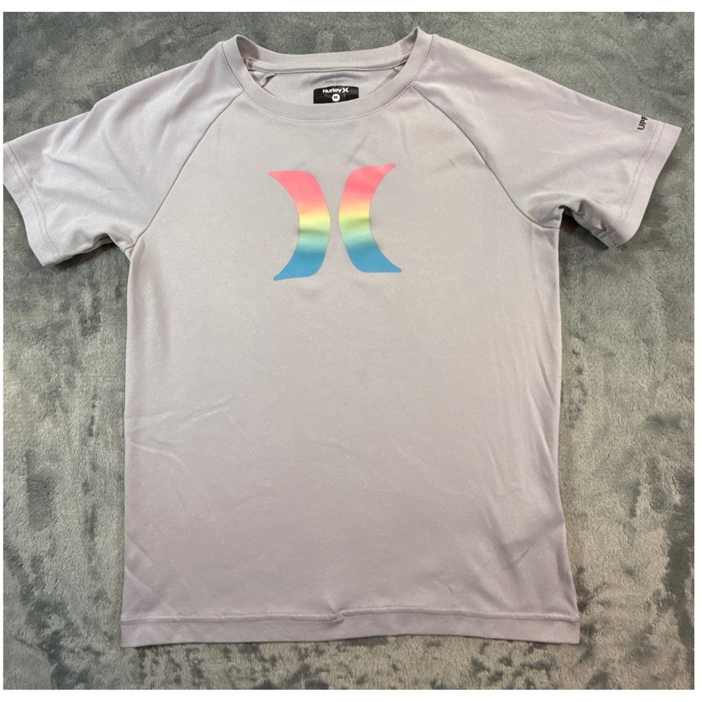 Hurley Nike Dri-FIT Rash Guard Shirt Gray Rainbow Logo UPF 50+ Youth M Swim Surf
